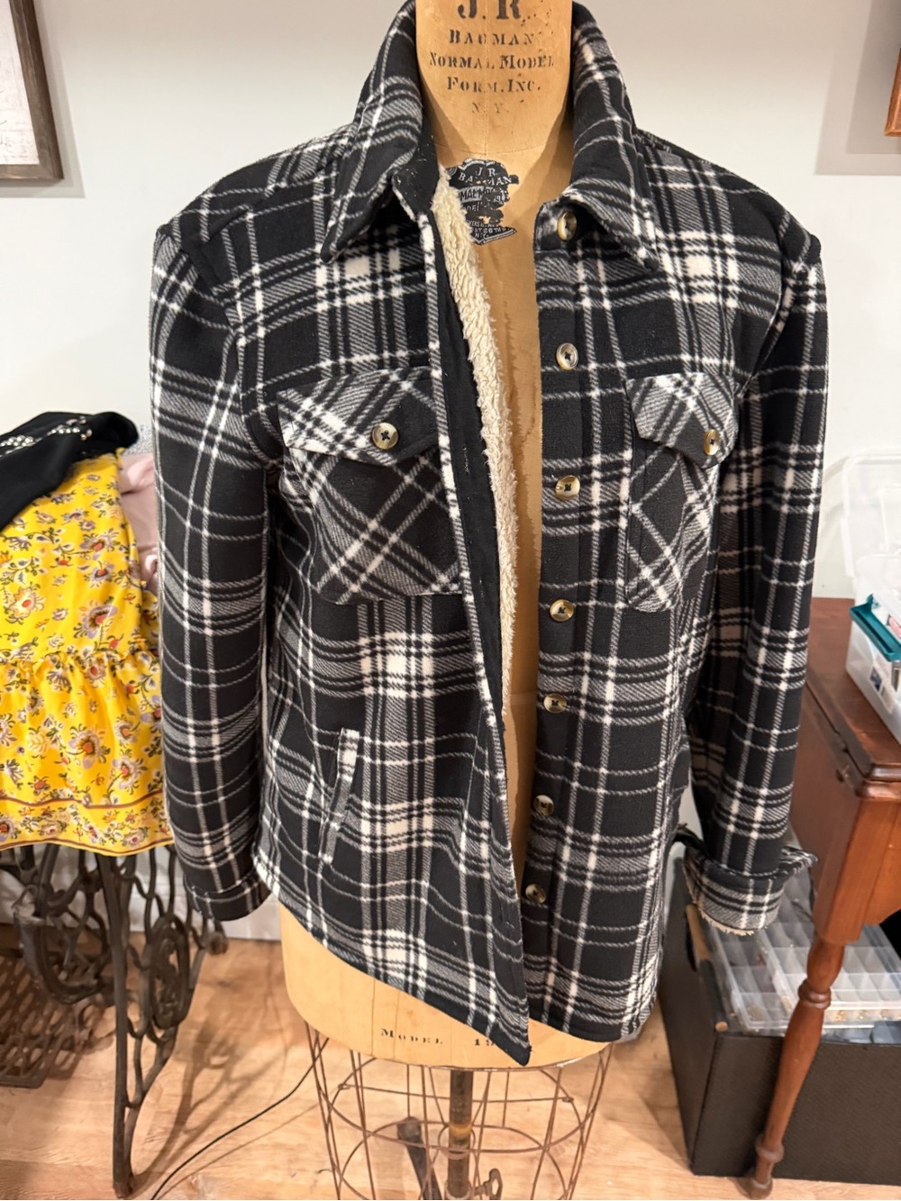 Sage Black & White Plaid Teddy-Lined Jacket